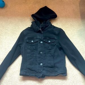 Black denim and cloth button up hoodie. Two chest pocket and two regular pockets